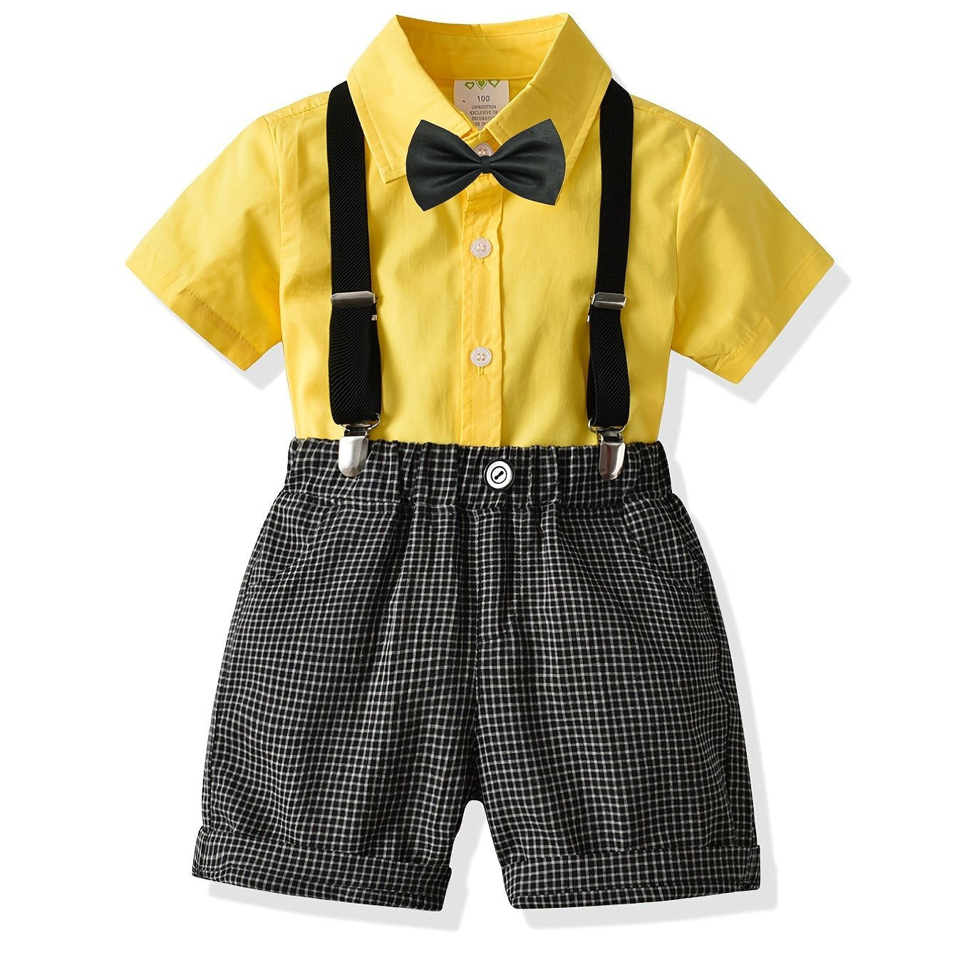 Boys Gentleman Outfit Short Sleeve Bowtie Shirt & Suspender Plaid Shorts Set