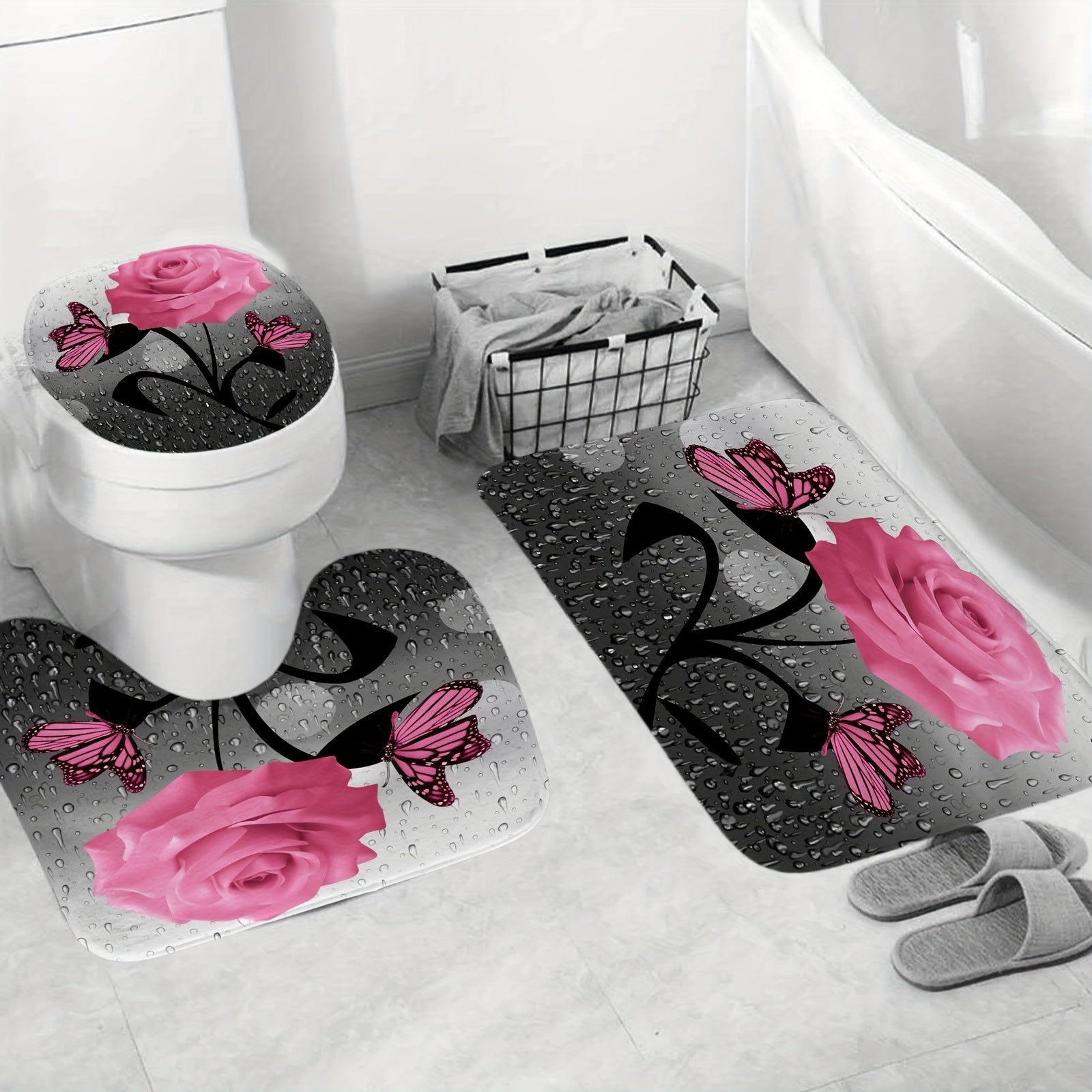 Romantic Pink Rose Butterfly Shower Curtain Set
