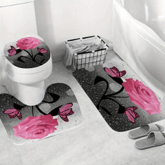 Romantic Pink Rose Butterfly Shower Curtain Set