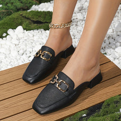 Chunky Heeled Mules Square Toe Slip On Shoes