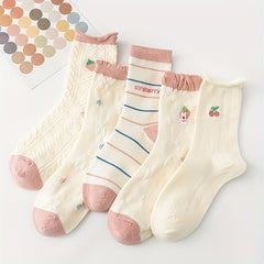 5 Pairs Fruit Print Socks Mid Tube Women's Stockings & Hosiery