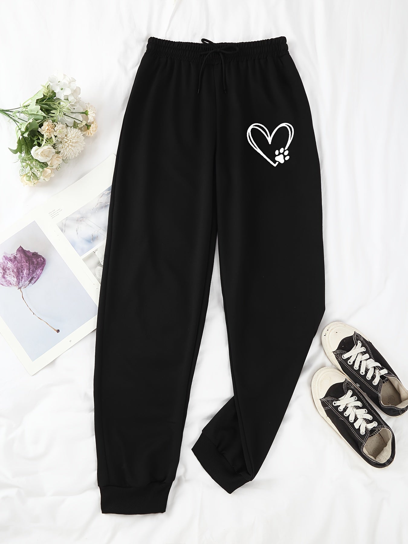 Heart & Paw Print High Waist Pants Casual Elastic Waist Pants