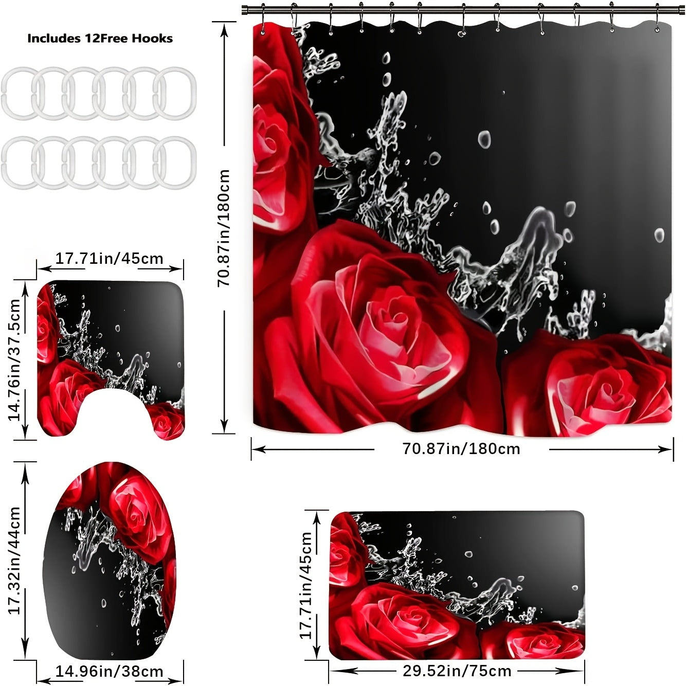Red Rose Shower Curtain Set with Bathroom Decor