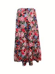 Boho Skirt Women's Plus Floral Print Elastic High Rise Swing Maxi Skir