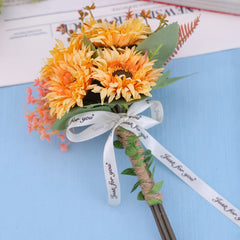 Boho Sunflower Bridal Bouquet, Handcrafted Leaves, Ribbon, Wedding Accessory