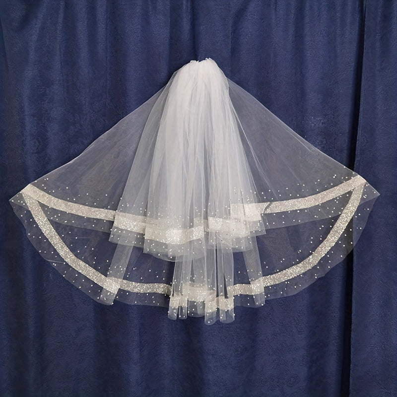 2 Tiers Ribbon Faux Pearl Edge Veil Bridal Wedding Hair Accessories