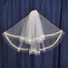 2 Tiers Ribbon Faux Pearl Edge Veil Bridal Wedding Hair Accessories