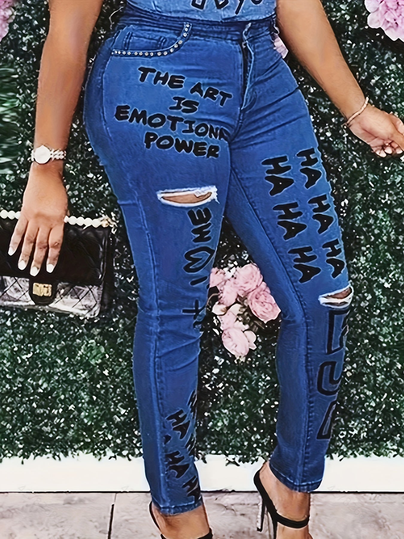 Women's Ripped Skinny Jeans with Slogan Print