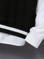 2pcs Boys Uniform Knitted Sleeveless Sweater Vest & Long Sleeve Tie Shirt Set
