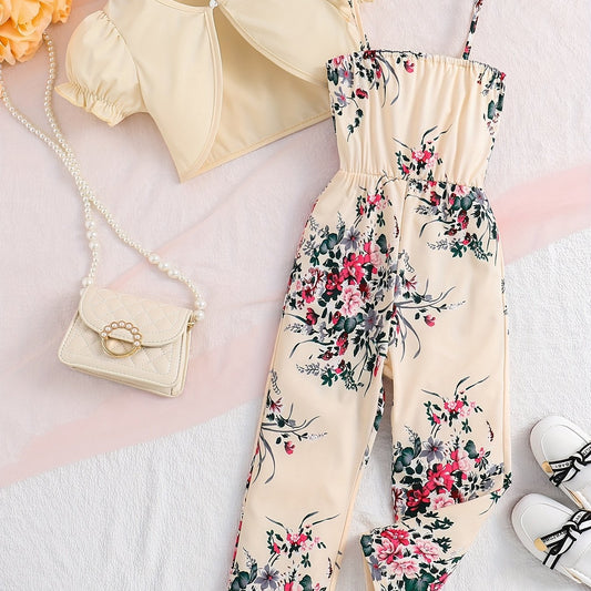 Girls 2pcs Floral Camisole Jumpsuit & Puff Sleeve Coat Set