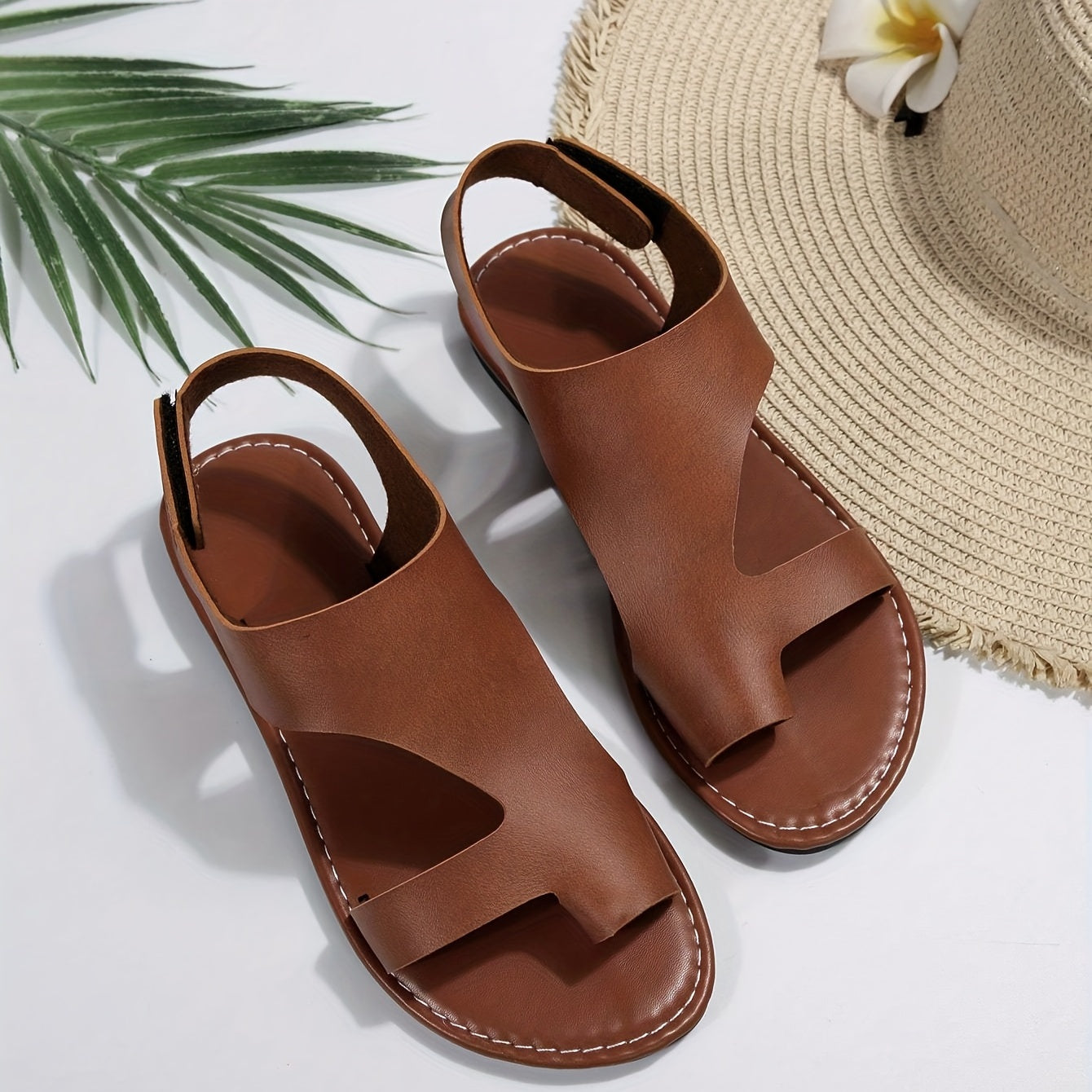 Women's Solid Toe Loop Sandals Casual Hook & Loop Flat Summer Shoes