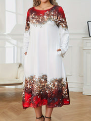 Colorblock Floral Print Long Sleeve Round Neck Dress