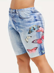Denim & Butterfly Print High Rise Skinny Shorts
