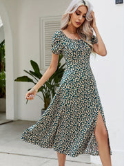 Floral Square Neck Split Dress Short Sleeve Spring Summer Women's Clothing
