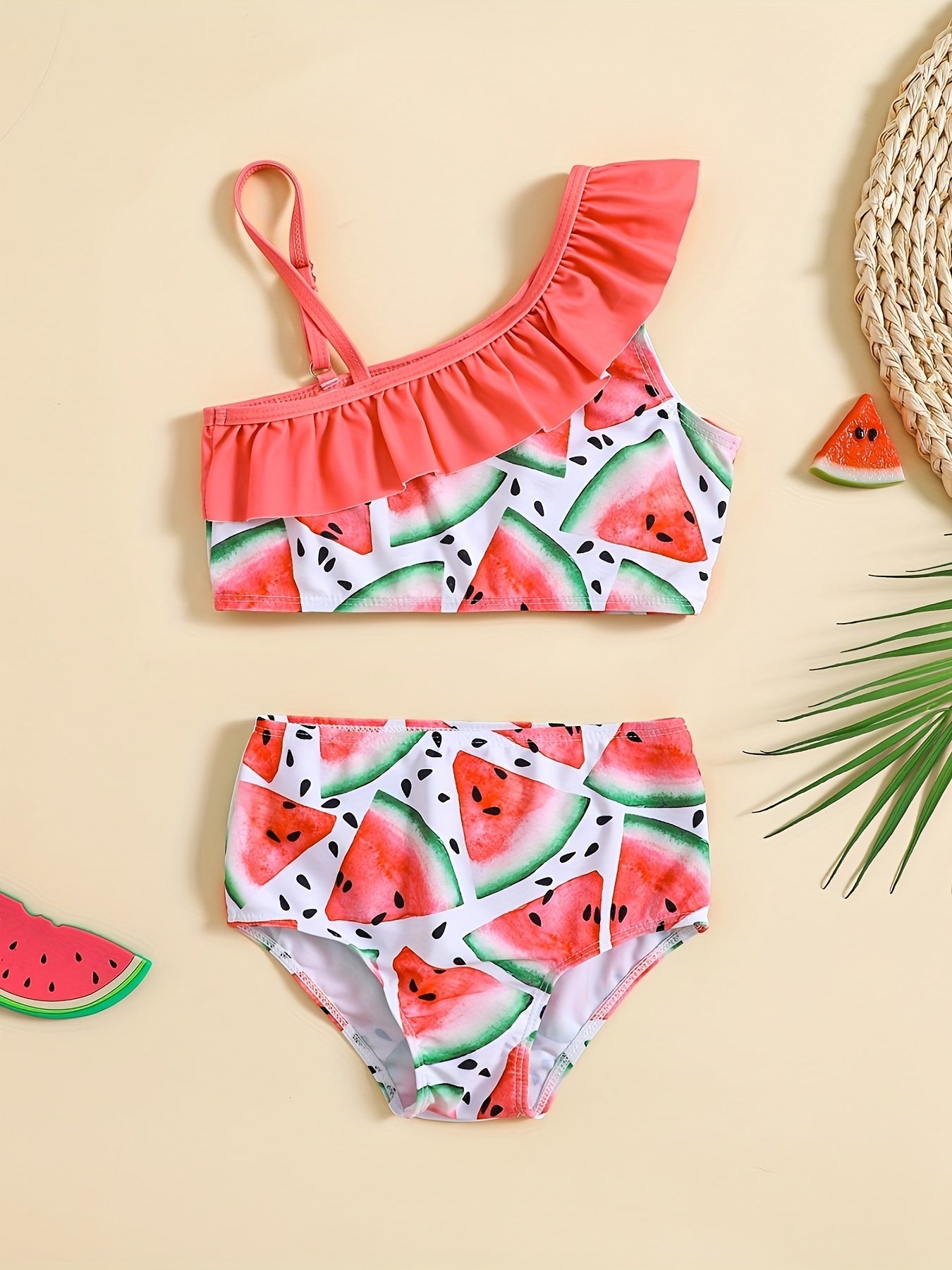2pc Watermelon & Strawberry Ruffled Cami Top & Shorts Swimsuit Set
