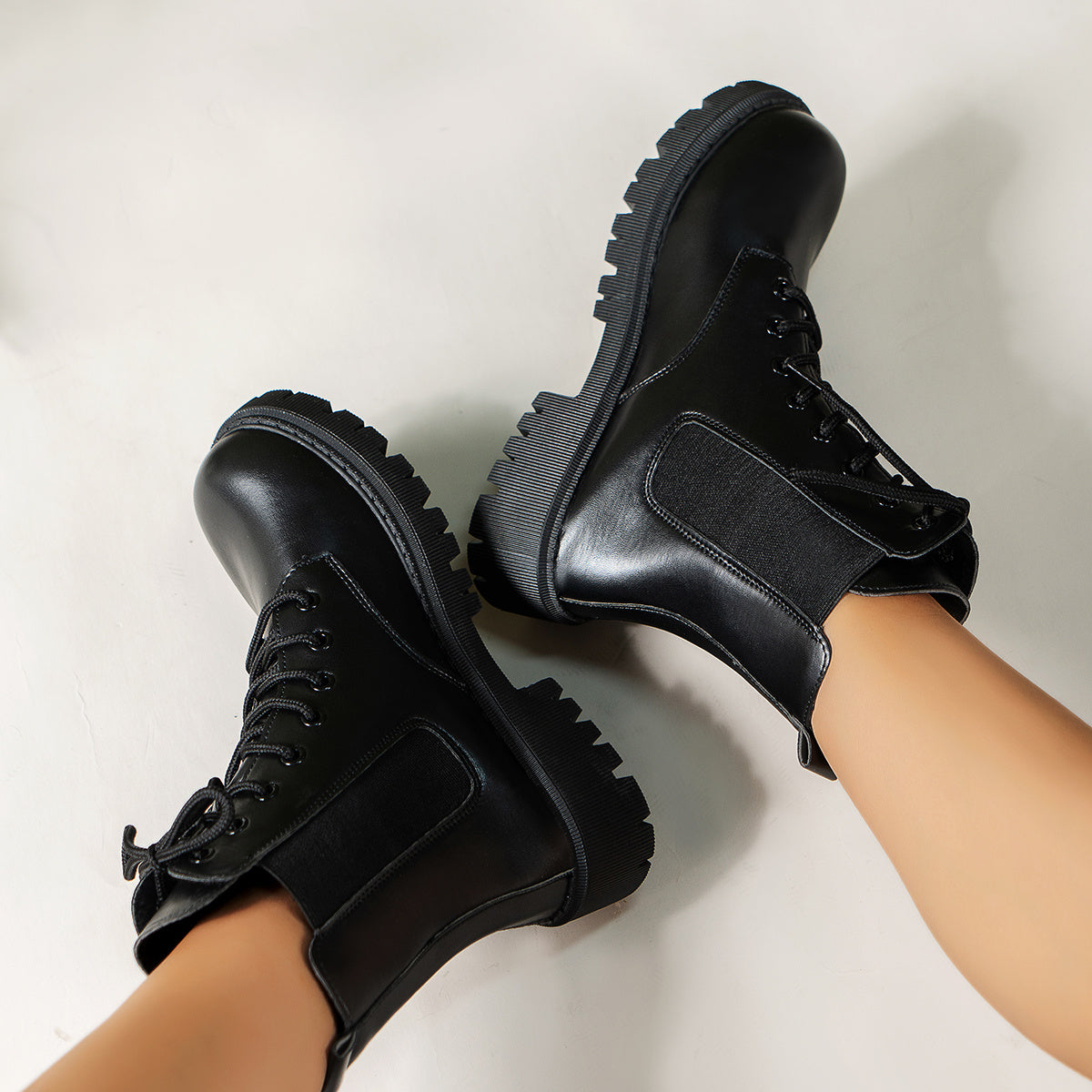 Women's British Style Combat Boots Lace Up Short Stretch Fabric Sided Boots