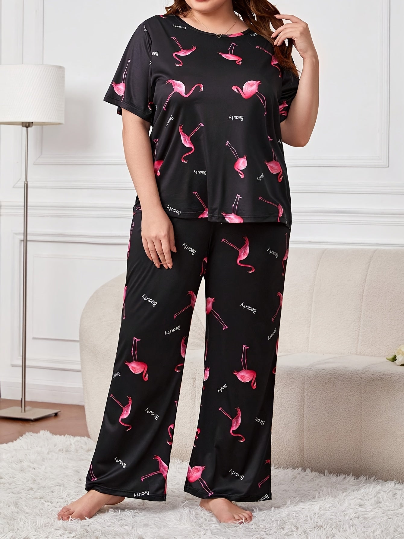 Flamingo & Letter Print Tee & Pants Lounge Set