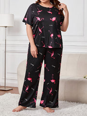 Flamingo & Letter Print Tee & Pants Lounge Set