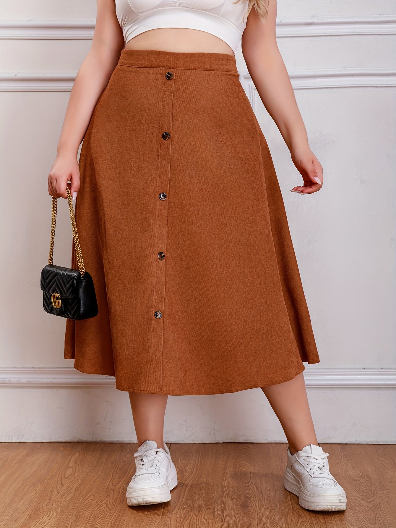 Casual Swing Maxi Skirt Solid Color High Rise Button Detail