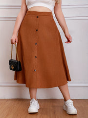 Casual Swing Maxi Skirt Solid Color High Rise Button Detail