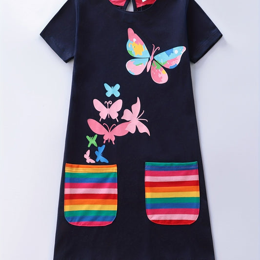 Toddler Girls Butterfly Graphic Rainbow Pocket Cotton Dress