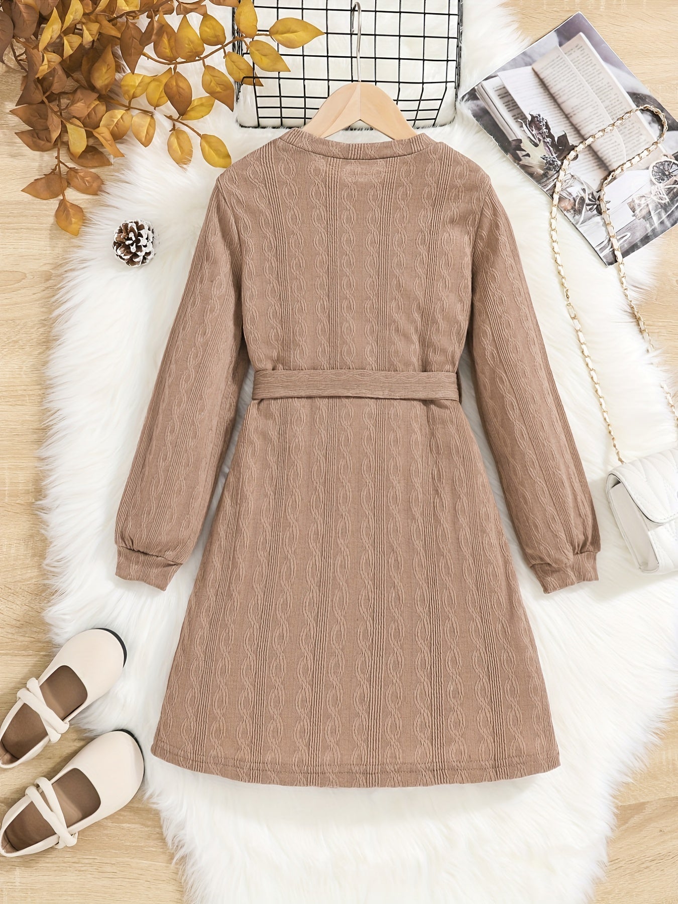 Girls' Vintage Jacquard Print Stretch Comfy Long Sleeve Dress
