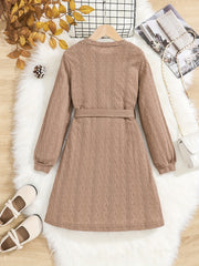 Girls' Vintage Jacquard Print Stretch Comfy Long Sleeve Dress