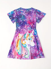 Girls Unicorn Print Flutter Sleeve Dress For Party Summer Kids Clothes