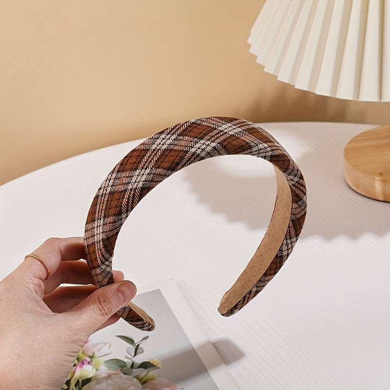 Plaid Pattern Wide Headband Soft Sponge Hair Hoop Vintage Hair Accessory