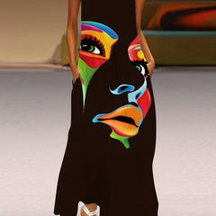 Abstract Face Print Maxi Dress Notched Neck Sleeveless Casual Dress