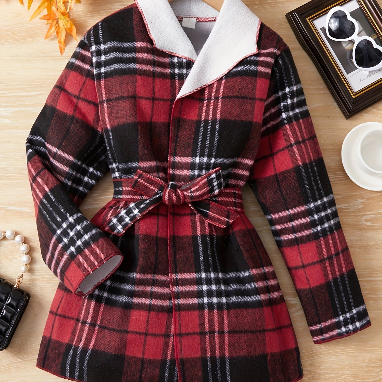 Girls' Christmas Plaid Lapel Fleece Jacket Coat For Fall Winter