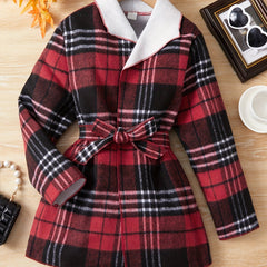 Girls' Christmas Plaid Lapel Fleece Jacket Coat For Fall Winter