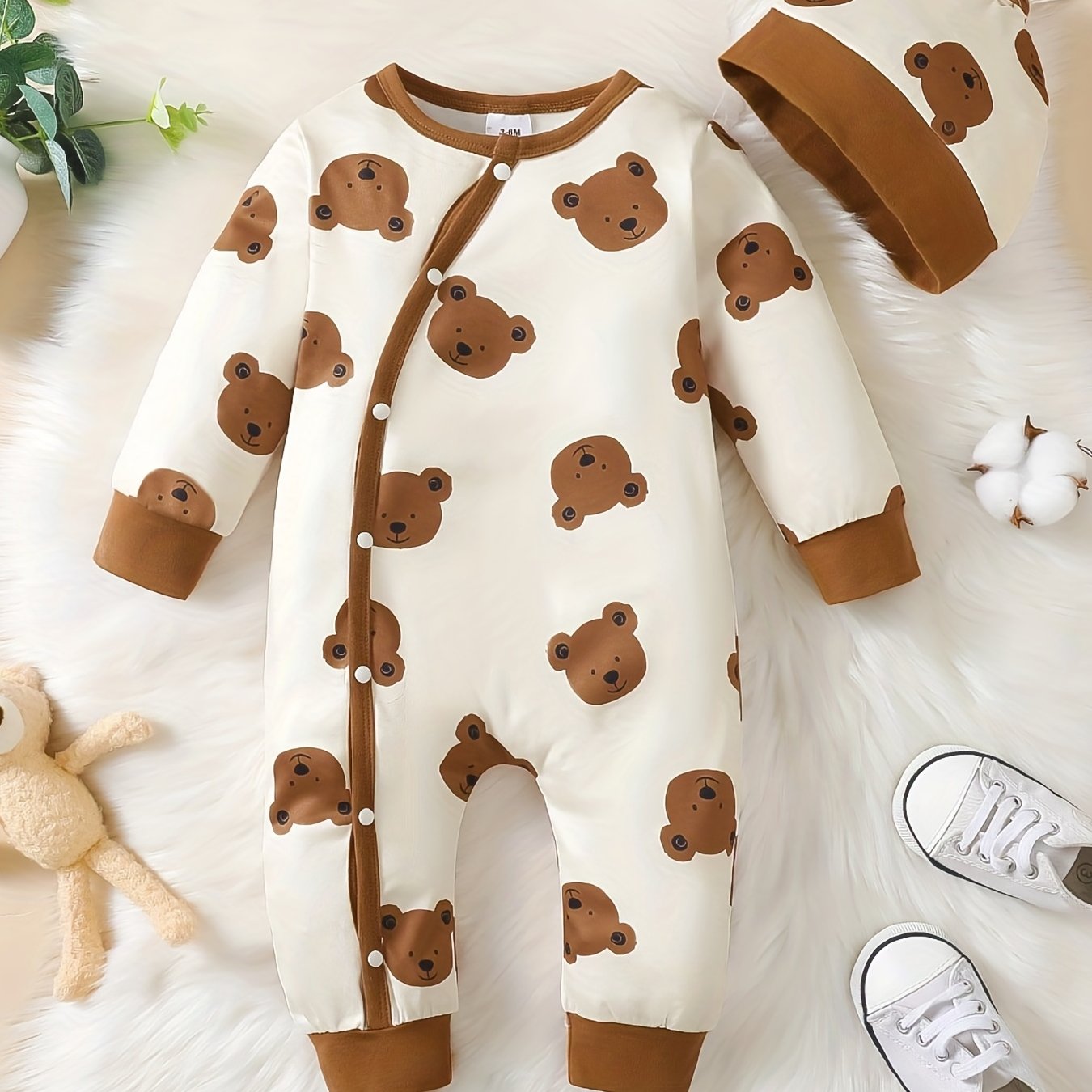2pcs Baby Boys Set Bear Allover Print Bodysuit Hat