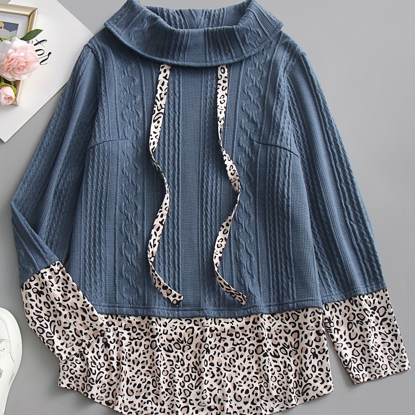 Women's Plus Leopard Print Knitted Sweater Turtle Neck Pullover