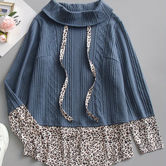 Women's Plus Leopard Print Knitted Sweater Turtle Neck Pullover