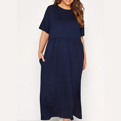 Plus Size Solid Short Sleeve Maxi Dress With Pockets