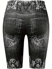 Skull & Flower Print High Waist Denim Shorts