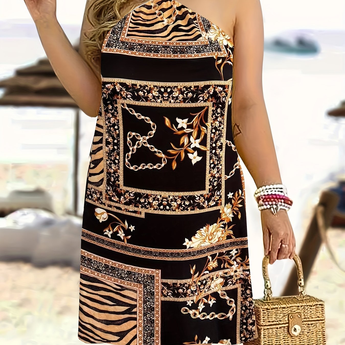Boho Lounge Dress Women's Floral & Chain Print Halter Neck Tie Back
