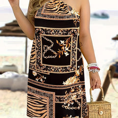 Boho Lounge Dress Women's Floral & Chain Print Halter Neck Tie Back