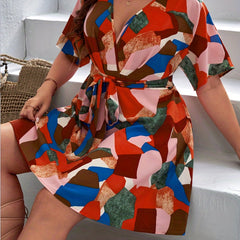 Plus Geometric Print Short Sleeve Surplice Neck Dress