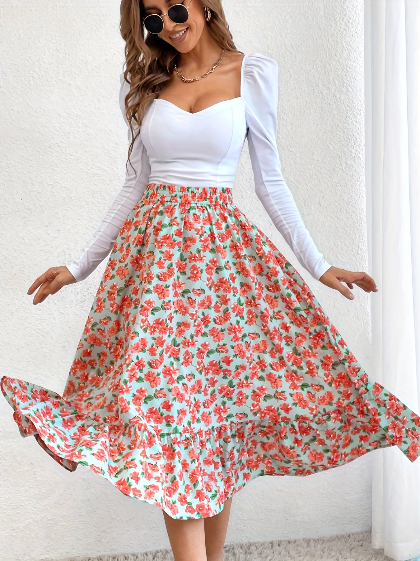 Floral Print Elastic Waist Skirt Casual Skirt For Spring & Summer