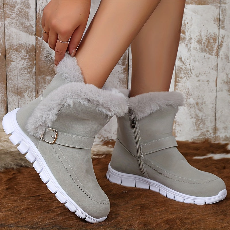 Women's Solid Snow Boots Side Zipper Round Toe Velvet Warm Fluffy Winter Shoes