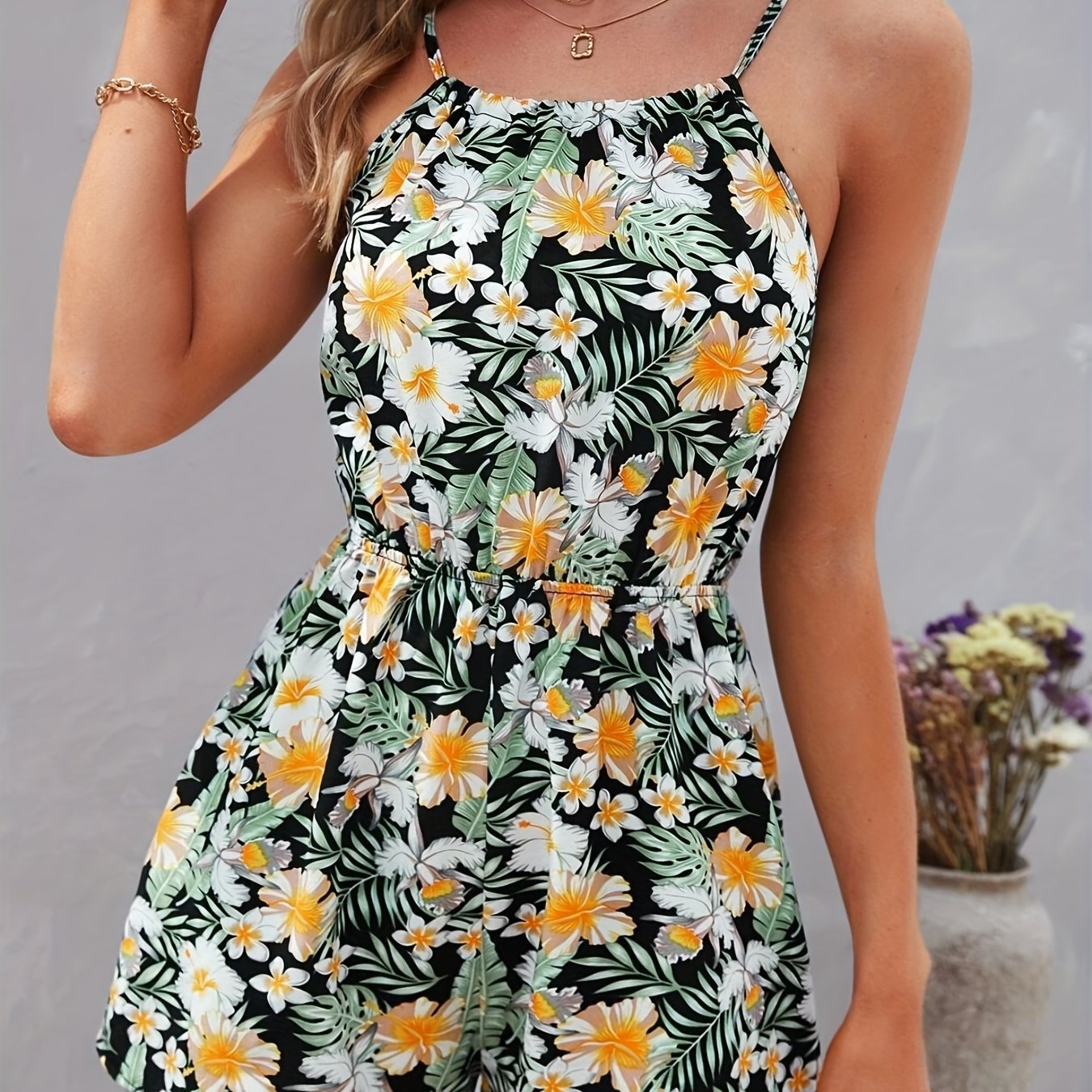 Floral Print Spaghetti Strap Romper Vacation Slim Waist Sleeveless Romper