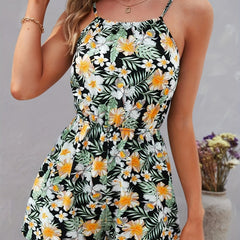 Floral Print Spaghetti Strap Romper Vacation Slim Waist Sleeveless Romper