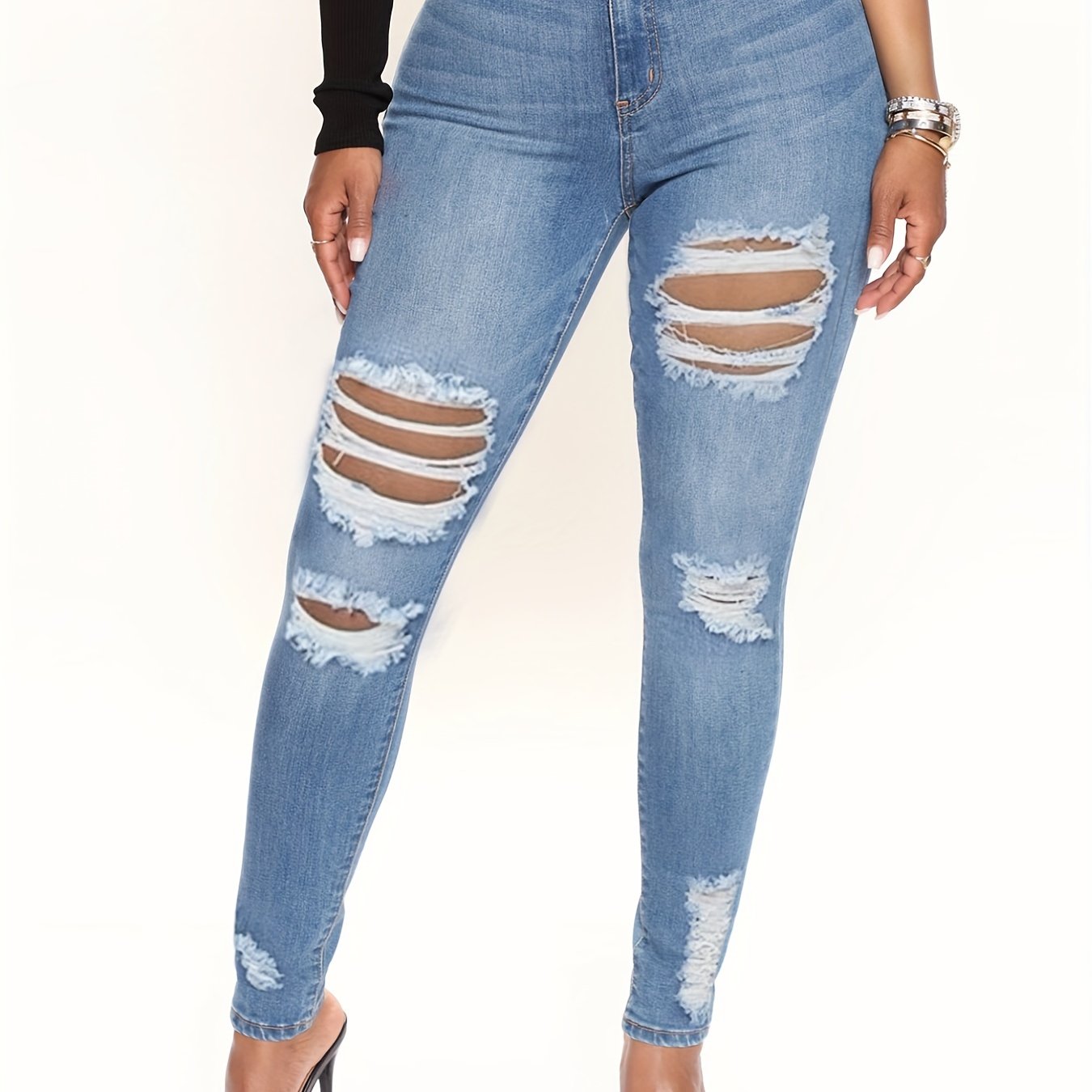 Ripped Stretchy Skinny Fit Jeans High Waist Denim Jeans