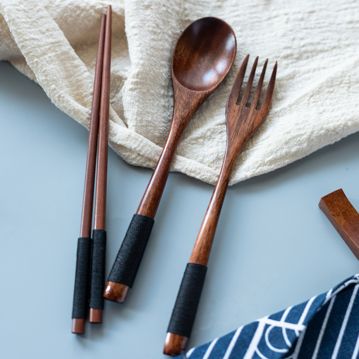 3pcs Japanese Wooden Tableware Spoon Chopsticks Fork Set