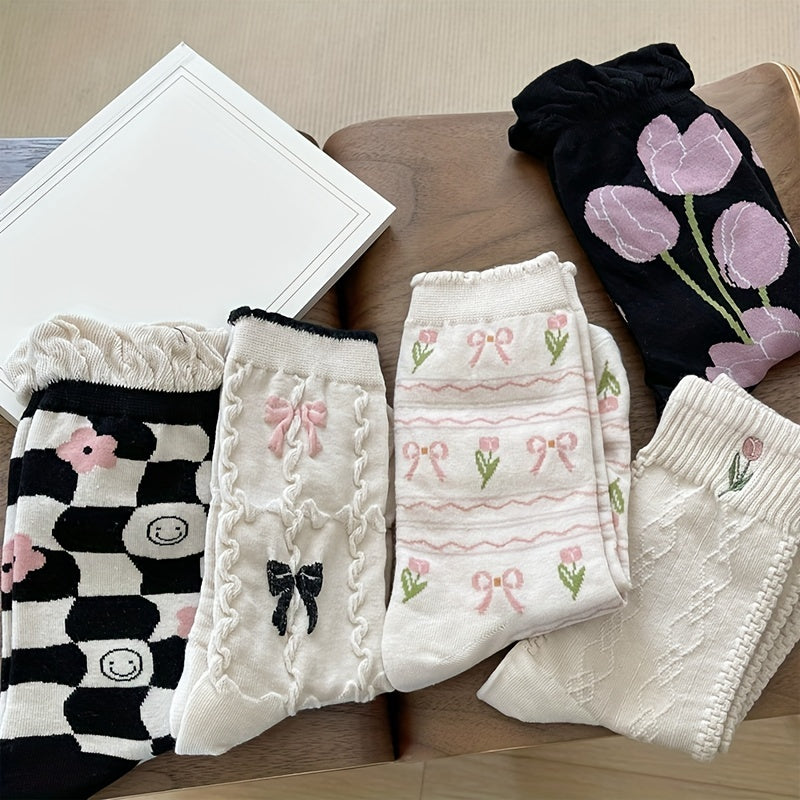 5 Pairs Floral & Bow Print Socks Women's Stockings & Hosiery