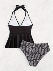 Halter Neck Tankini Set Peplum Cami Top & Panty Swimsuit