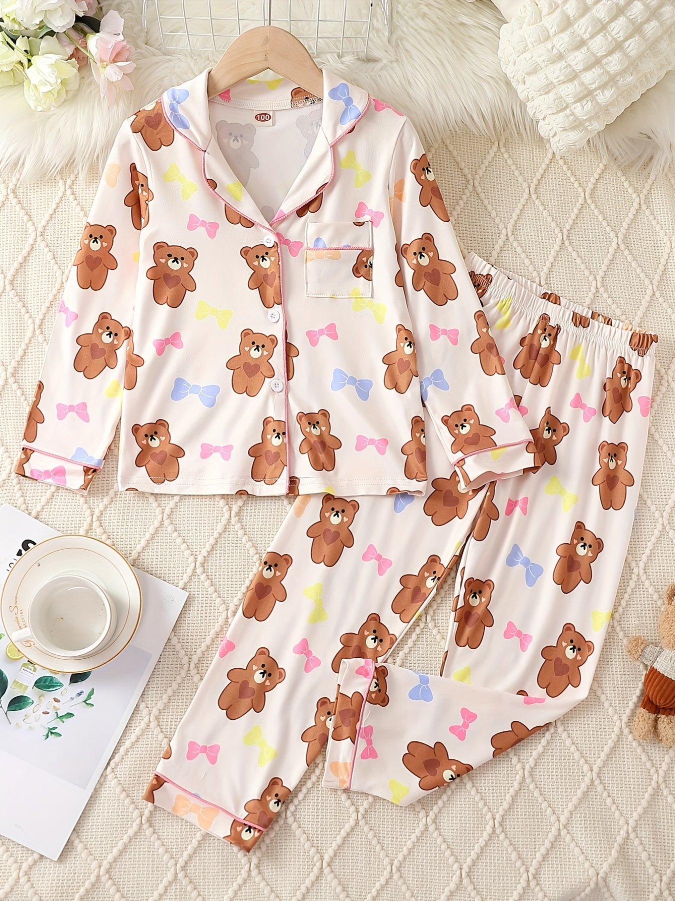 Kid's Bear Print Pajama Set Long Sleeve Top & Pants