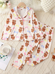 Kid's Bear Print Pajama Set Long Sleeve Top & Pants